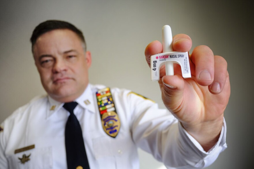 Fayetteville Police Department Captain Lars Paul shows the naloxone nose spray the Fayetteville police use to reverse opioid overdose.  