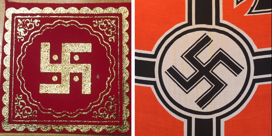 (Left) The Hindu swastika. (Right) A Nazi flag hangs in a Nazi-themed cafe in Bandung, Indonesia in 2013.