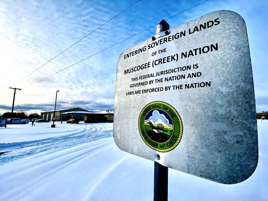 Muscogee Nation boundary sign in winter