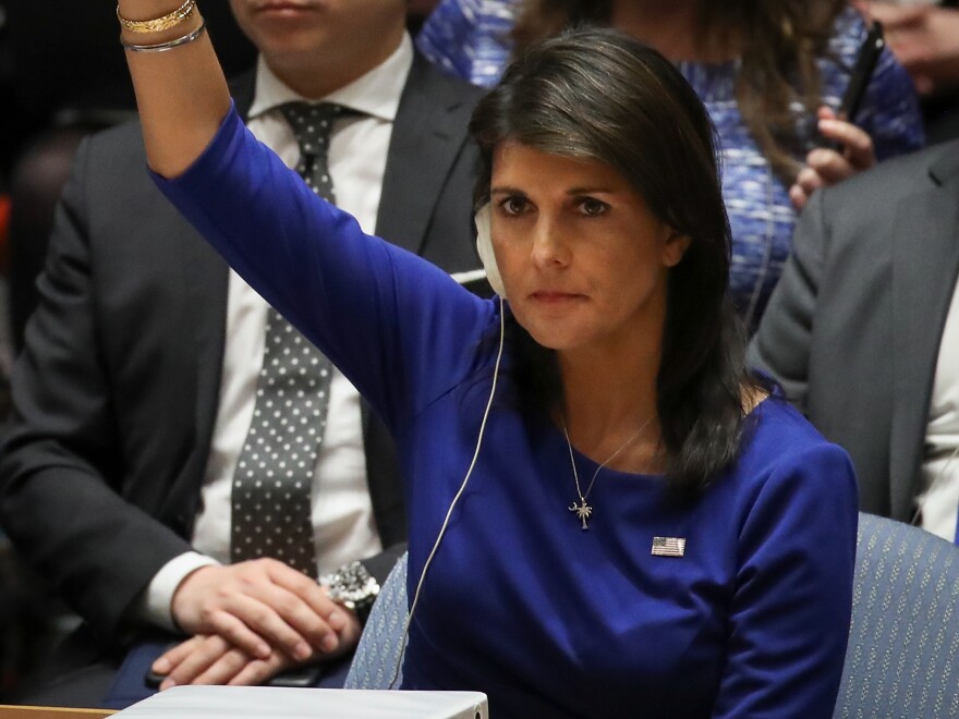 U.S. Ambassador to the United Nations Nikki Haley vetoes a Russian proposed draft resolution that would "condemn the aggression against Syria by the U.S. and its allies" during a United Nations Security Council emergency meeting at United Nations headquarters in New York City.