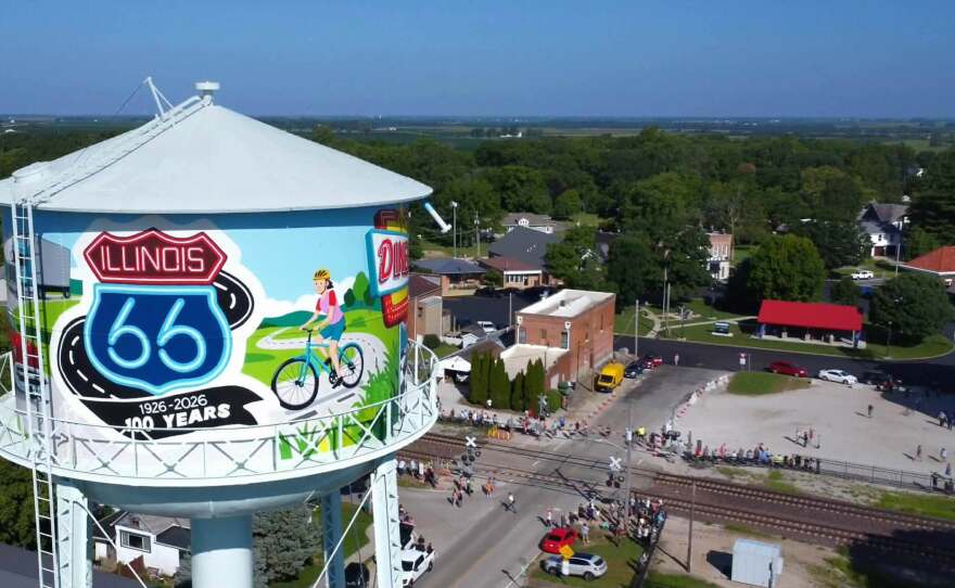 A drone shot of the McLean water tower.