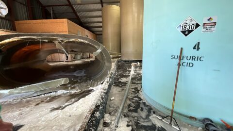 The interior of the C&S Chemicals facility in Fort Smith, Arkansas, on May 3, 2026, including the ruptured acidified aluminum sulfate tank that caused the spill.