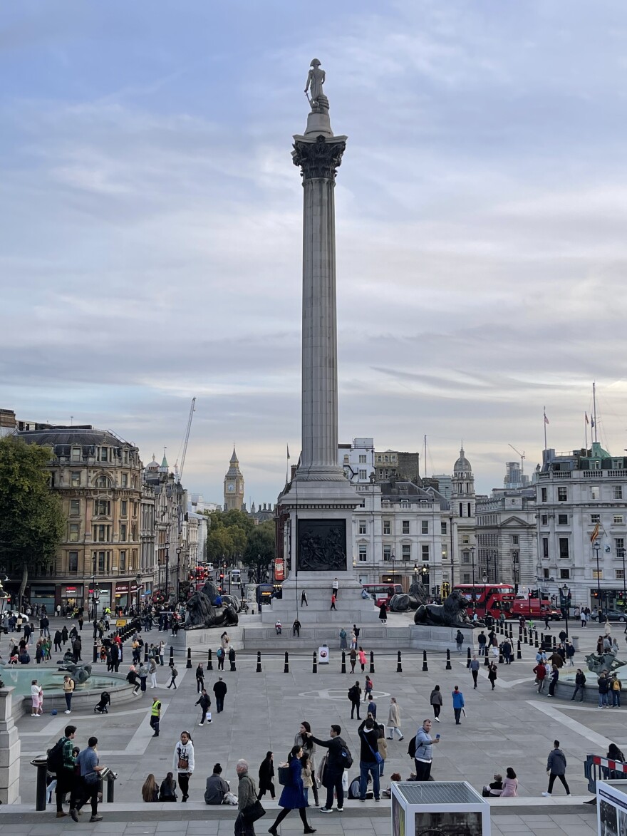 This is the view from the National Gallery showing Trafalgar Square where the Just Stop Oil protestors gathered. It is presided over by war heroes. War and art have always been inextricably linked.