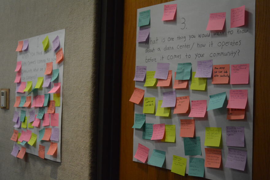 Colorful stick notes are stuck to two large white sheets of paper hung on a wall.