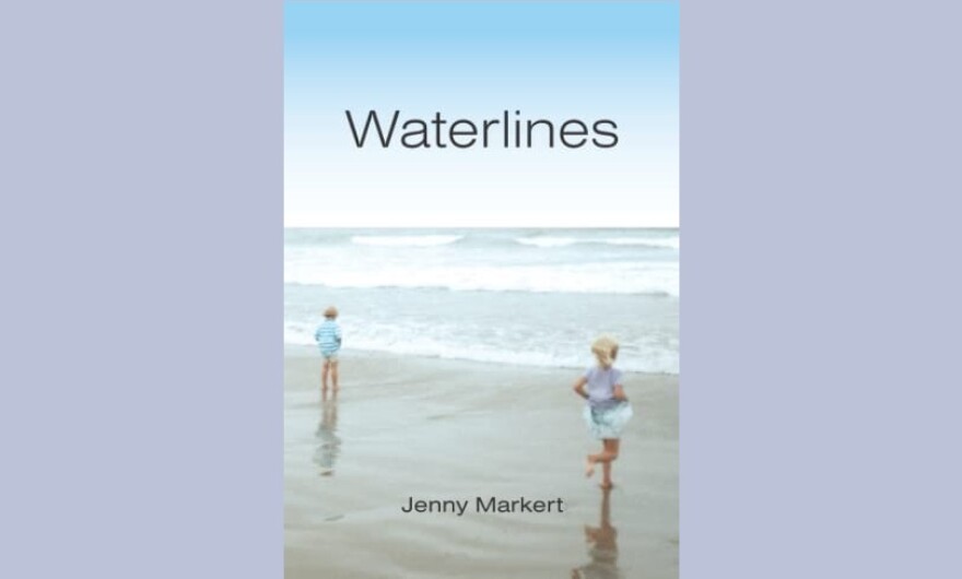 Cover of the book "Waterlines" by Jenny Markert - two barefoot children stand near gentle waves at the edge of a wide expanse of water