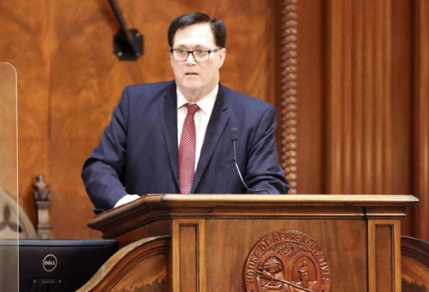 South Carolina House Speaker Jay Lucas, R-Hartsville, opens the House session just before announcing this will be his last session during a speech on Tuesday, March 15, 2022, in Columbia, S.C. (AP Photo/Jeffrey Collins)