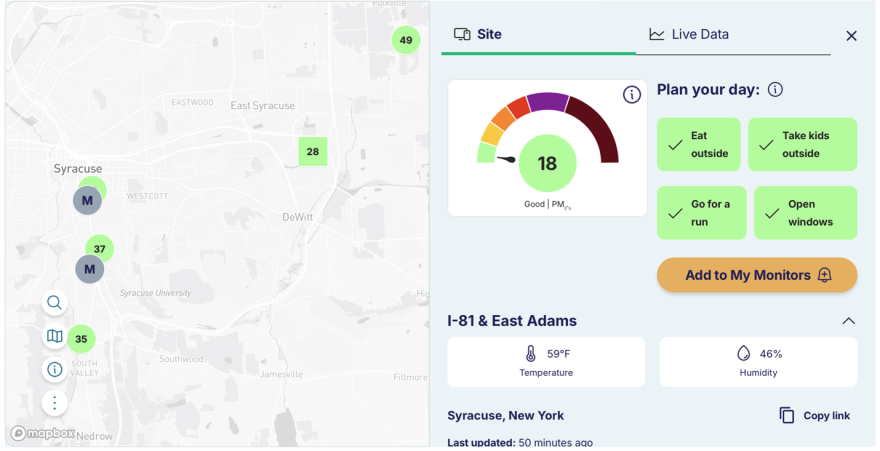 Map showing monitoring stations and activities that would be safe under the air quality conditions