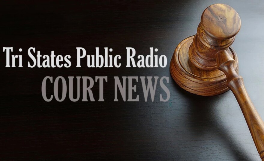 A gavel on a black background, with type reading Tri States Public Radio Court News. 