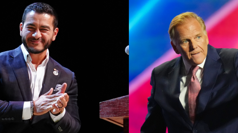 Composite of Abdul El-Sayed and Mike Rogers at campaign events