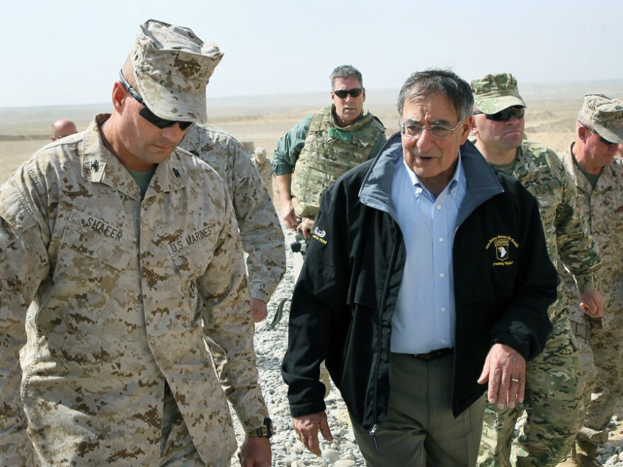 Secretary of Defense Leon Panetta, with Col. John Shafer, at Foward Operating Base Shukvani in Afghanistan on Wednesday.