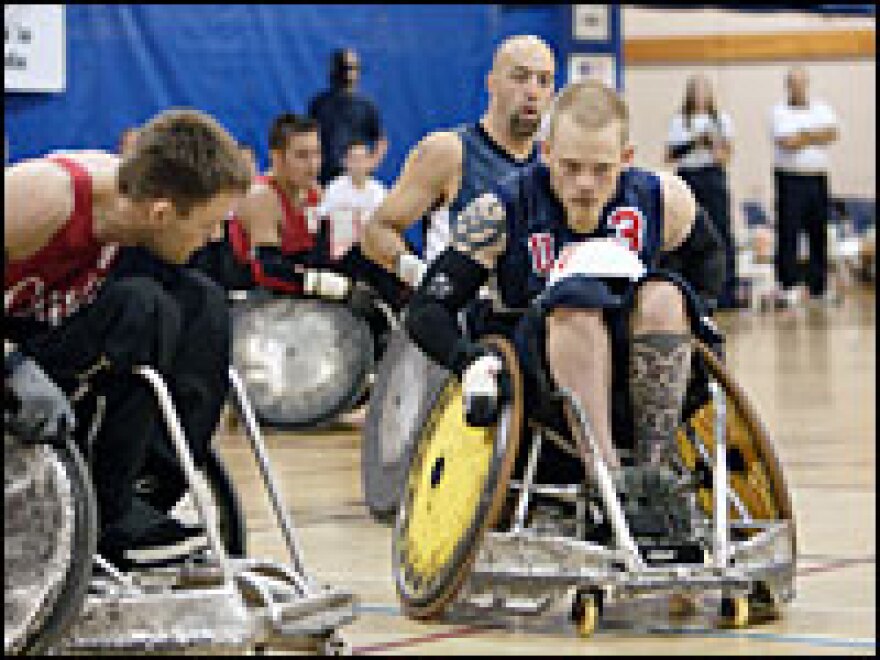 Team USA star player Mark Zupan, right, in a scene from <i>Murderball</i>.