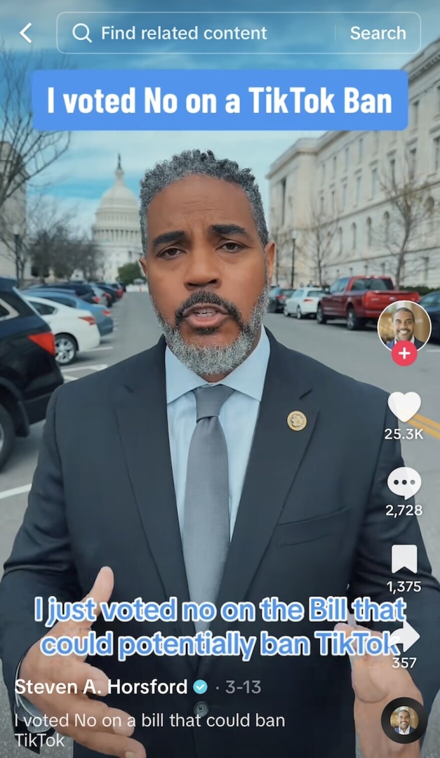 Nevada Rep. Steven Horsford speaks on his own TikTok account, with captions at the bottom of the screen and a banner at the top that reads, "I voted No on a TikTok Ban."