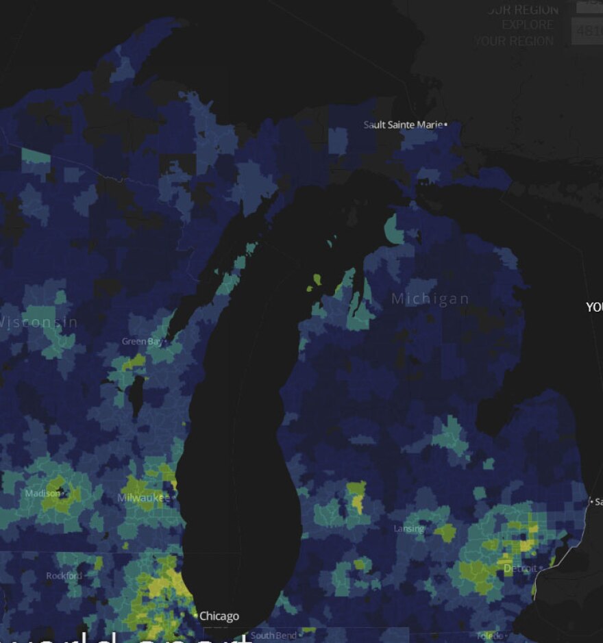 This is a screenshot of Michigan. Yellow means more affluent and more college educations. The greens, light blues and dark blues are increasingly less wealthy and have lower percentages of college-educated adults.