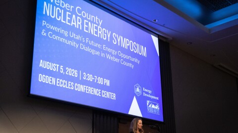 Stephanie Russell, Weber County economic development director, kicks off the county's nuclear energy symposium at the Ogden Eccles Conference Center, Aug. 5, 2026.