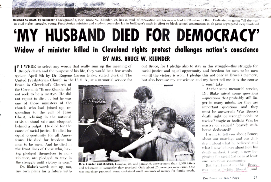 An excerpt from the June 1964 Ebony Magazine column Joanne Klunder wrote after her husband, Bruce, was killed while protesting school segregation in Cleveland. In it, she lays out how she and Bruce viewed the struggle for equal rights and access in Cleveland and more broadly, across the country.