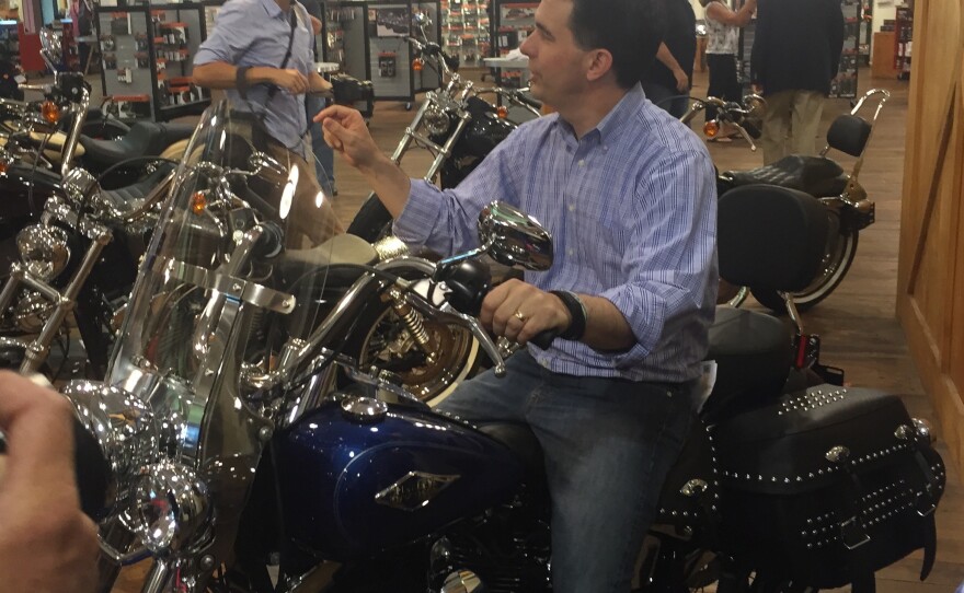 Wisconsin Gov. Scott Walker was in his element while campaigning at a Harley-Davidson dealership in North Charleston, S.C., on Wednesday.