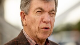 Sen. Roy Blunt (R-MO) speaks to the media on Friday, Oct. 1, 2021, at the site of the future National Geospatial-Intelligence Agency headquarters in St. Louis, Mo.