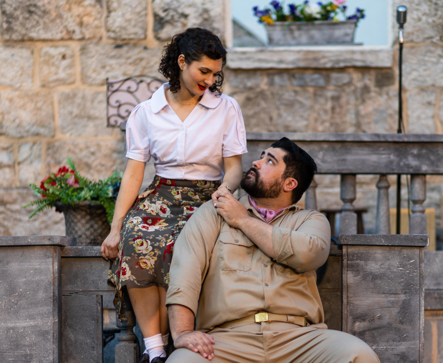 Anna DiGiovanni (left) and Dylan Arredondo in Chesapeake Shakespeare Company's production of "Much Ado About Nothing" at PFI Historical Park in Ellicott City. (Photo by Kiirstn Pagan for Chesapeake Shakespeare Co.)