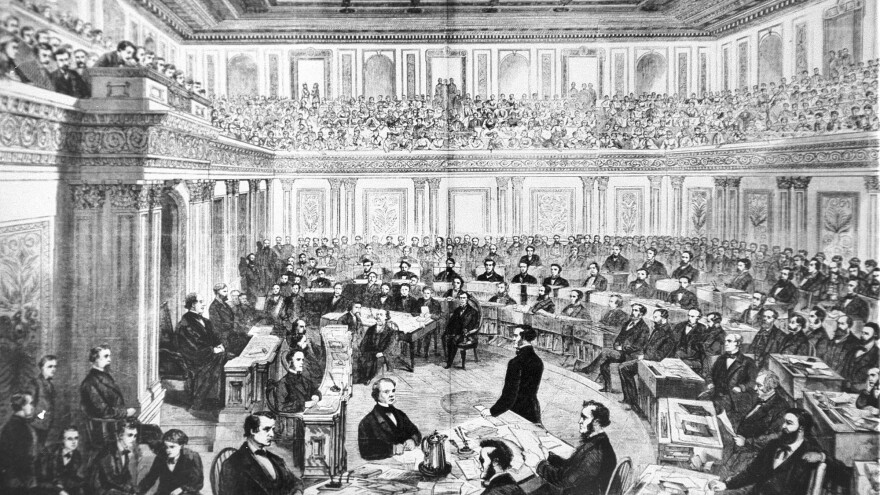 The impeachment trial of President Andrew Johnson in the Senate was held in March and April of 1868. The House approved 11 articles of impeachment. After a 74-day trial, the Senate acquitted Johnson on three of the articles by a one-vote margin each and decided not to vote on the remaining articles.