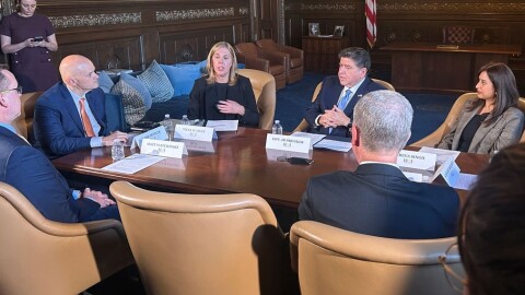 Gov. JB Pritzker speaks at a news conference following his 2026 budget address. Pritzker joined six other Midwestern governors in a letter to EPA Administrator Lee Zeldin urging an emergency waiver on the use of E15 ethanol gasoline this summer.