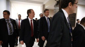 Pictured: House Democratic impeachment manager Rep. Adam Schiff (second from left) leaves a news conference on Capitol Hill on Tuesday