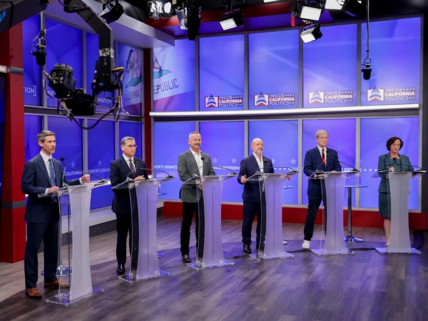 Candidates in California's gubernatorial race look on during a debate Wednesday, April 22, 2026, in San Francisco.