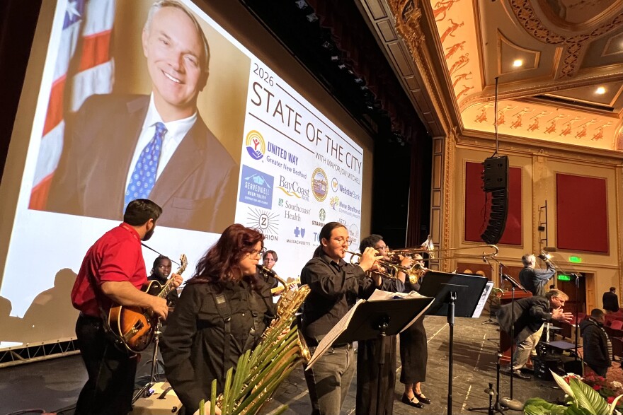 The New Bedford High School jazz band plays on stage at the Zeiterion theater before the State of the City address, April 8, 2026.