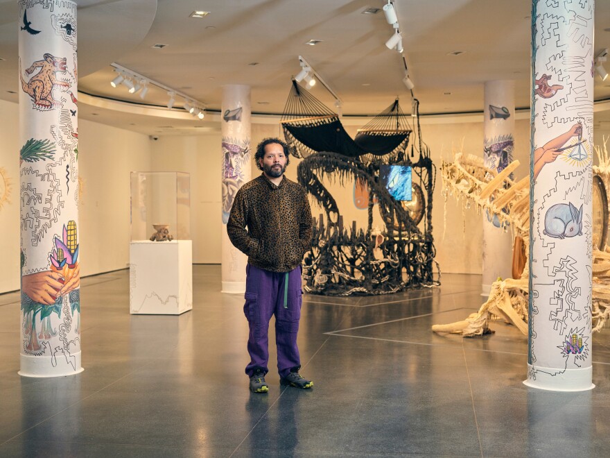 Artist Guadalupe Maravilla photographed in one of the galleries of his show "Tierra Blanca Joven."