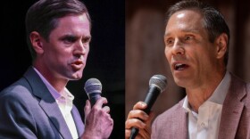 A split photo of two men speaking into microphones