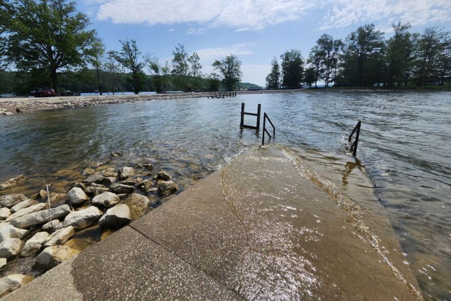 High water covering the swimming beach at Paynetown SRA on May 18, 2026.