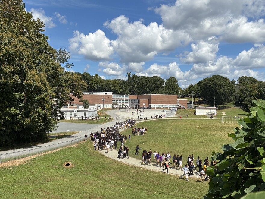 Students march along the track at Hanes Magnet School in Winston-Salem. 
