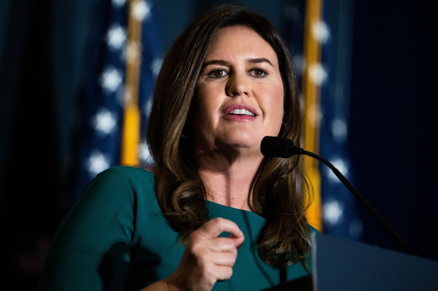 Sarah Huckabee Sanders, former Trump White House press secretary, addresses the America First Policy Institute's America First Agenda Summit at the Marriott Marquis on Tuesday, July 26, 2022.