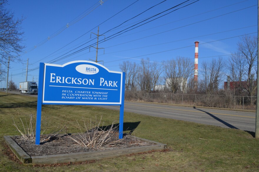 The Erickson Power Station smokestack across from Erickson Park on South Canal Road.
