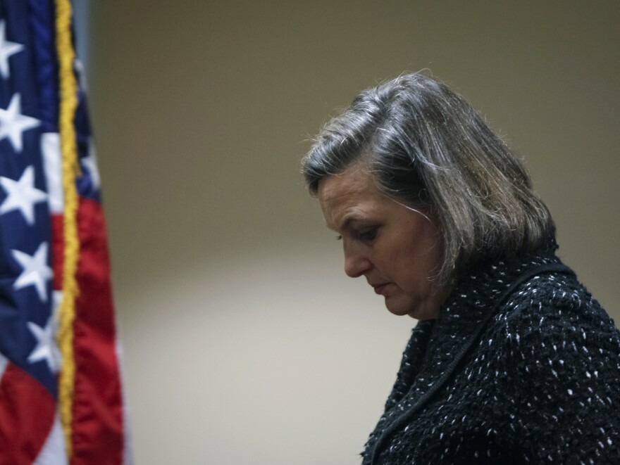 U.S. Assistant Secretary of State Victoria Nuland leaves a news conference at the U.S. Embassy in Kiev on Friday. A phone call of hers about Ukraine was leaked on the Internet.