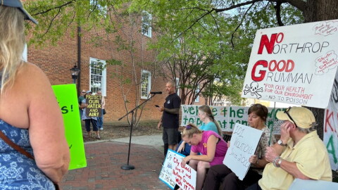 Milio Curcio, an Augusta County resident whose seven-acre homestead abuts Northrop Grumman, speaks at Monday night's rally. "It keeps us up at night for sure," Curcio says.
