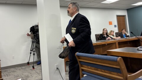 Rep. Travis Corcoran of Weare leaves a House committee hearing after testifying about his social media posts, including one calling for a "final solution for theater kids," which have prompted demands from fellow lawmakers and civil rights groups for sanction or expulsion. Corcoran did not take questions from the committee after his testimony.