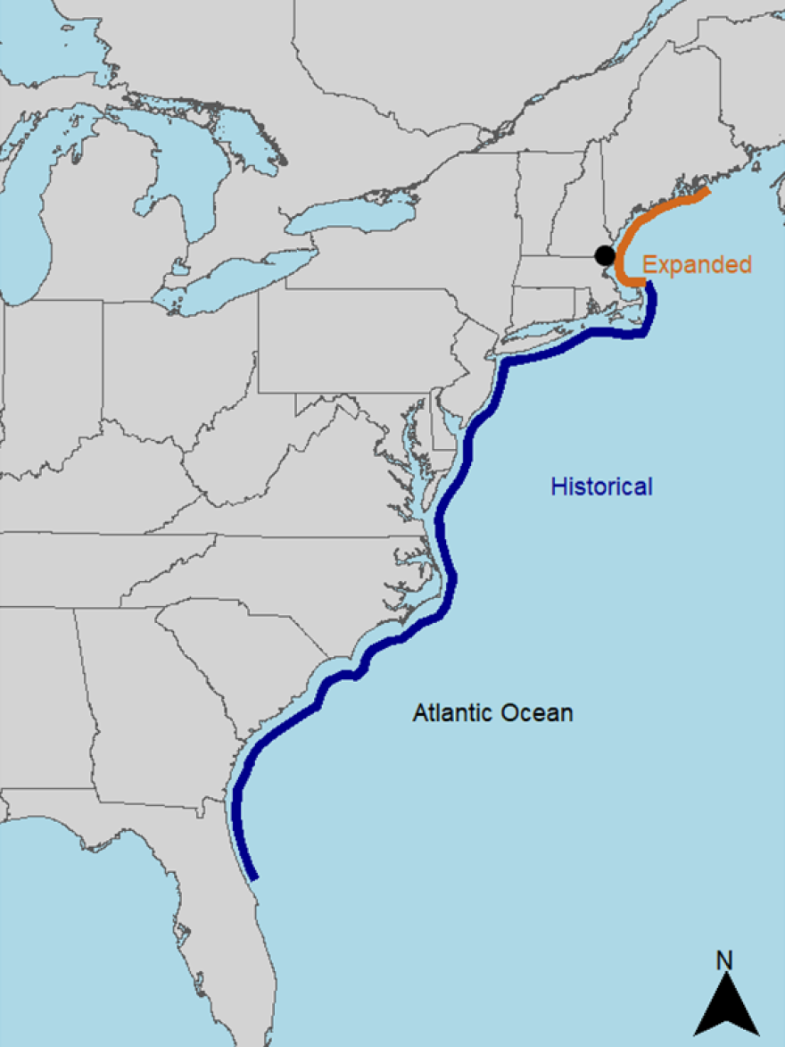 This map shows, in orange, the expanded range of fiddler crabs into northern Massachusetts, New Hampshire, and Maine. (Screenshot)