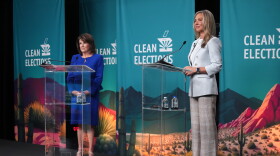 Republican Sine Kerr and No Labels party candidate Angela Harrolle Mohan at the lieutenant governor debate on Oct. 5, 2026.