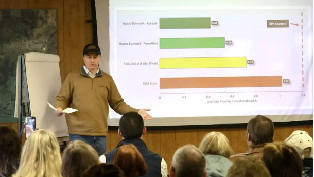 Local residents gather for a community meeting in Inola on Mar. 7, 2026 to discuss the aluminum smelter planned for their community. Thomas Harrington explains to the crowd gathered the air pollution levels, chemical make up and distance that can be expected from the plant.