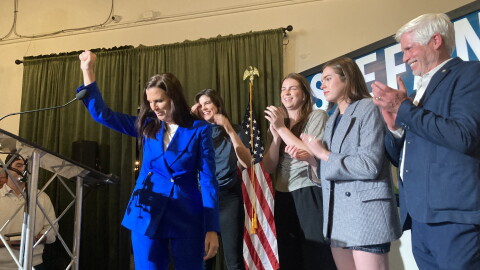 Stefany Shaheen acknowledges supporters at her election night party in Portsmouth, Sept. 9, 2026.