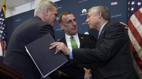 House Majority Leader Kevin McCarthy of Calif., left, shakes hands with Rep. Tim Murphy, R-Pa., center, and Rep. Fred Upton, R-Mich., right, during a news conference on Capitol Hill in Washington, Wednesday, Nov. 30, 2016. (Susan Walsh/AP)