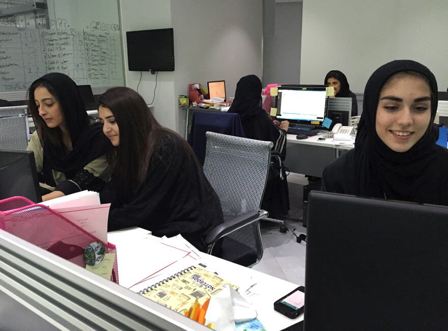 Women at Gloworks, a private company in Saudi Arabia that recruits women for jobs throughout the country. There's now a Glowfit, which includes the first licensed gym for women.