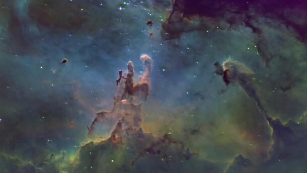 South of Altair is the famed “Pillars of Creation” in the center of the Eagle Nebula, M-16. This superb portrait is by EAAA member James Schultz with a 14” telescope.This region of star birth is a rich mix of condensing dark globules collapsing to make new stars, young blue stars shining so brightly that their stellar winds drive away the gas and dust, and of course leftovers around them condensing into new young planets, some of them rocky like our own Earth. One of the paradoxes of star-forming regions like this is that for such gravitational collapse to begin, the region must be cold, dense, and dark.