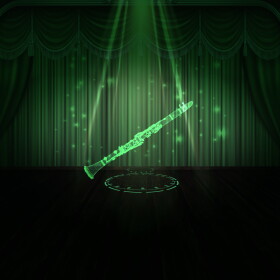 futuristic illustration of a clarinet being projected on a dark stage in neon green light