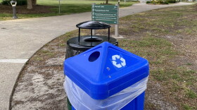 Photo by Katherine Hafner. A recycling bin is seen outside Chesapeake City Hall last year.