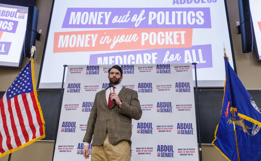 Progressive influencer Hasan Spiker speaks at a rally with U.S. Senate candidate Abdul El-Sayed at Michigan State University in East Lansing, Mich., on April 7, 2026.