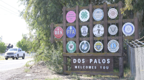 The welcome sign outside the city of Dos Palos in Merced County is shown.