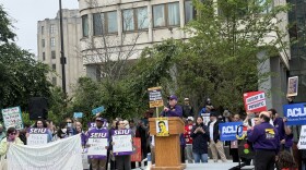 Local members of the Service Employees International Union co-sponsored a rally calling for the release of SEIU California president David Huerta in Los Angeles.