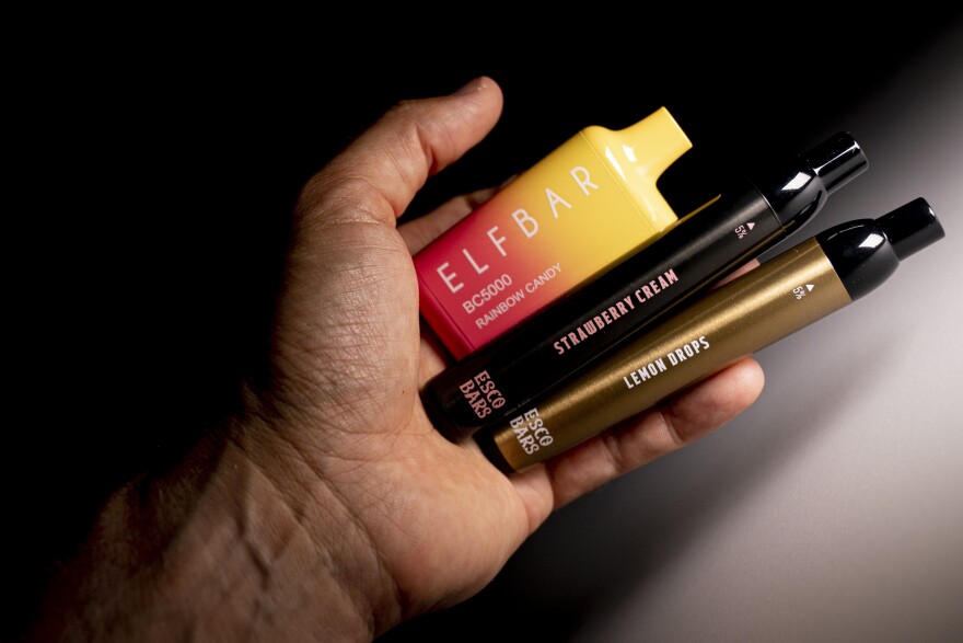 Elf Bar and Esco Bar disposable vaping devices are displayed, Monday, June 26, 2023, in Washington. (AP Photo/Andrew Harnik)