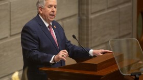 Missouri Gov. Mike Parson gives his State of the State address on Wednesday, January 27, 2021, in the Senate Chambers at the Missouri State Capitol in Jefferson City. Parson's speech was planned to be given in the House Chambers but was moved to the Senate because of the COVID-19 pandemic.